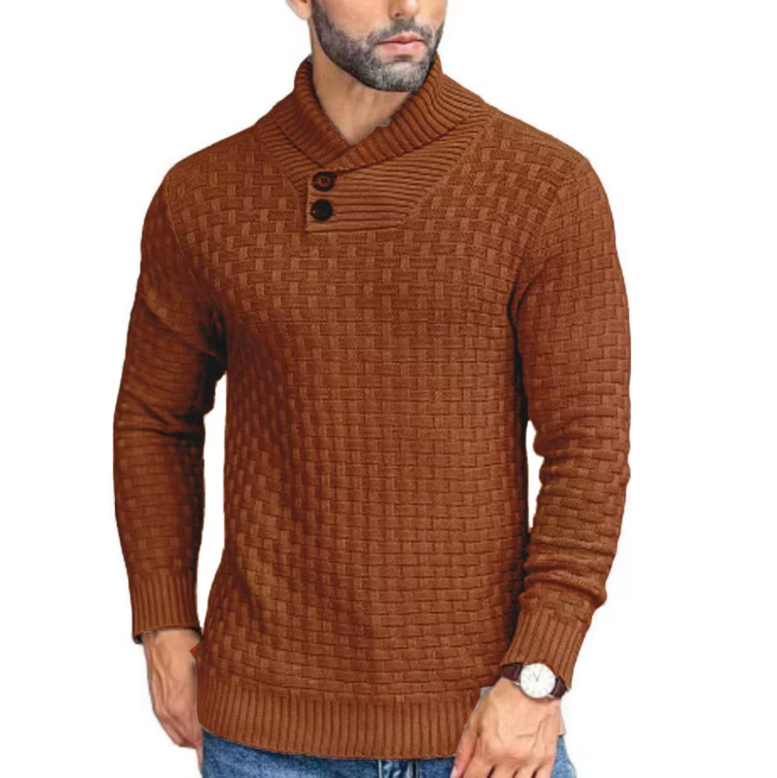 Greg - Pull Tricot Relief Col Montant Boutonné