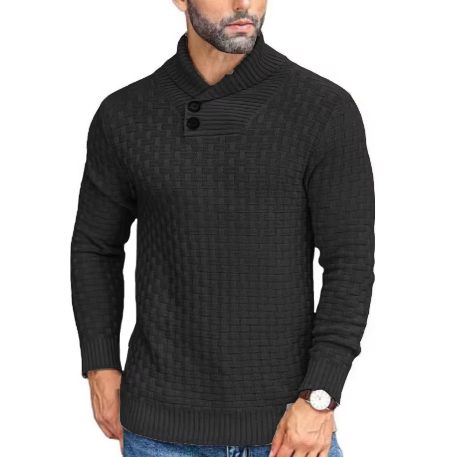 Greg - Pull Tricot Relief Col Montant Boutonné
