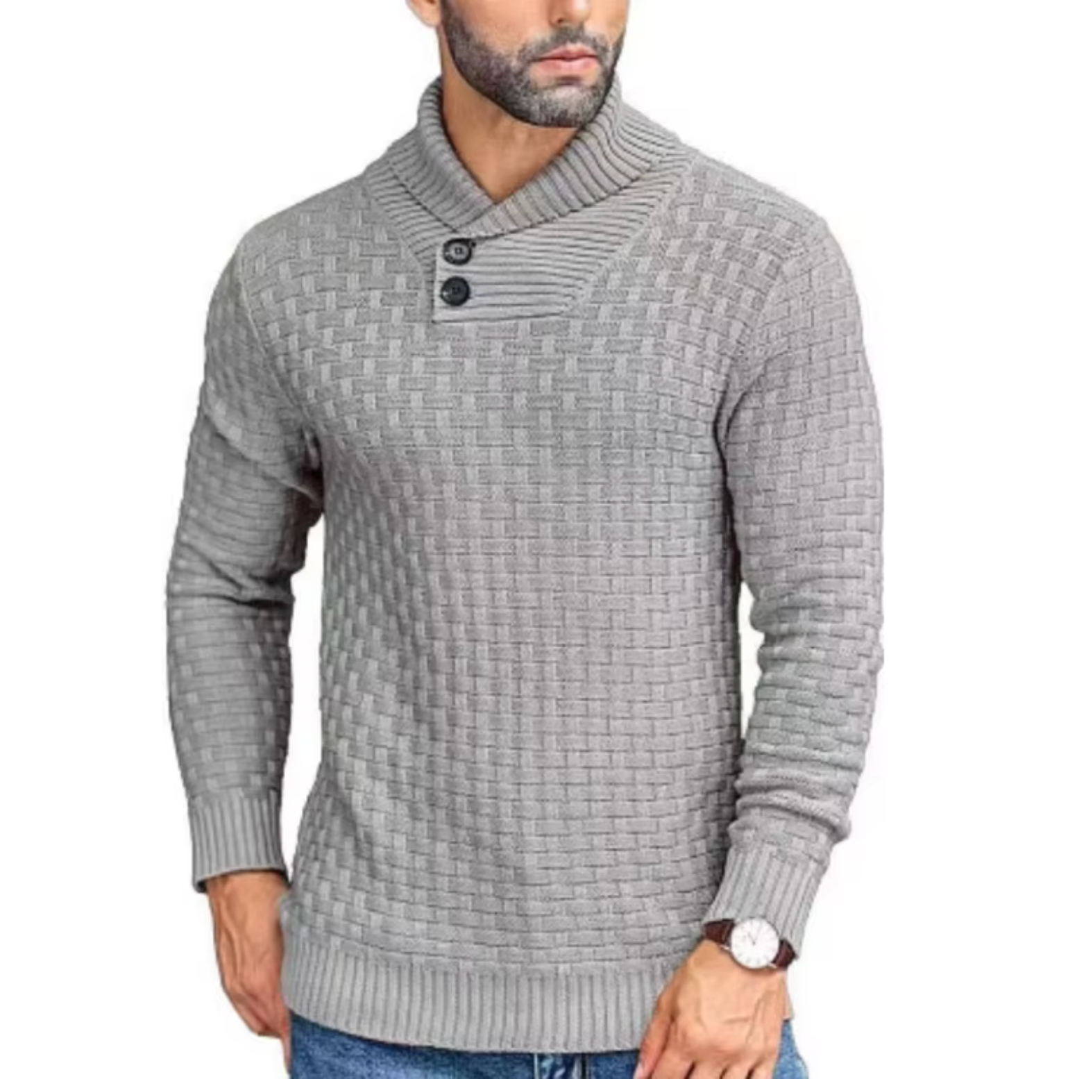 Greg - Pull Tricot Relief Col Montant Boutonné