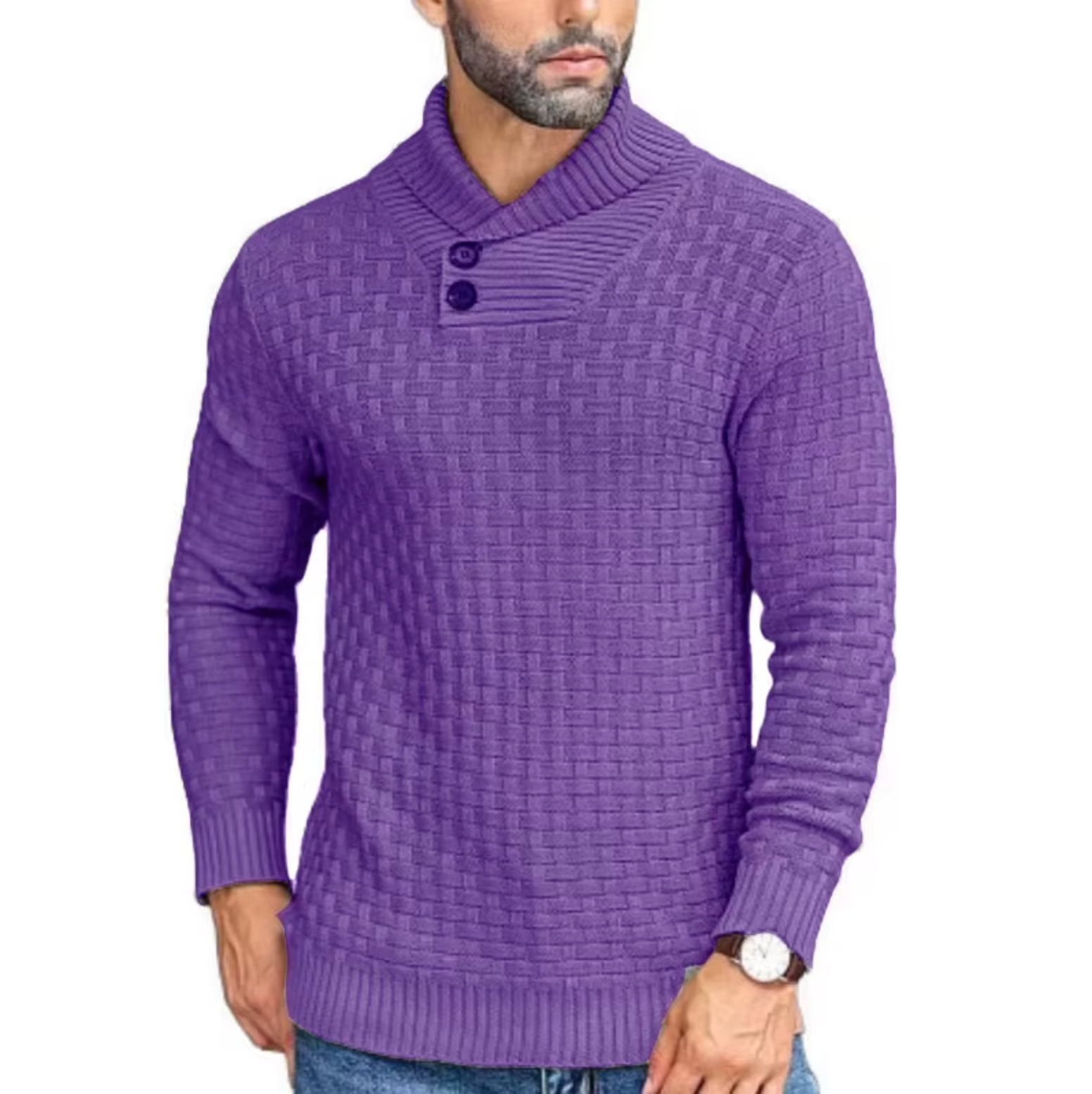 Greg - Pull Tricot Relief Col Montant Boutonné