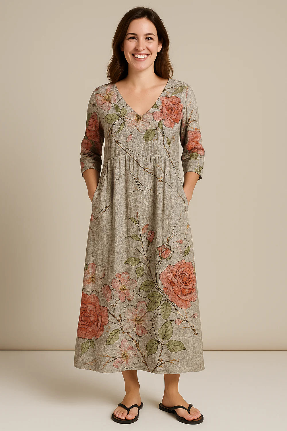 Juline - Elegant Blomstret Kjole i Bomuld & Hør