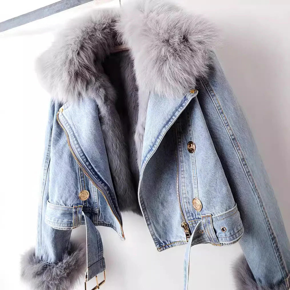 Mayline - Veste Denim Courte à Fourrure