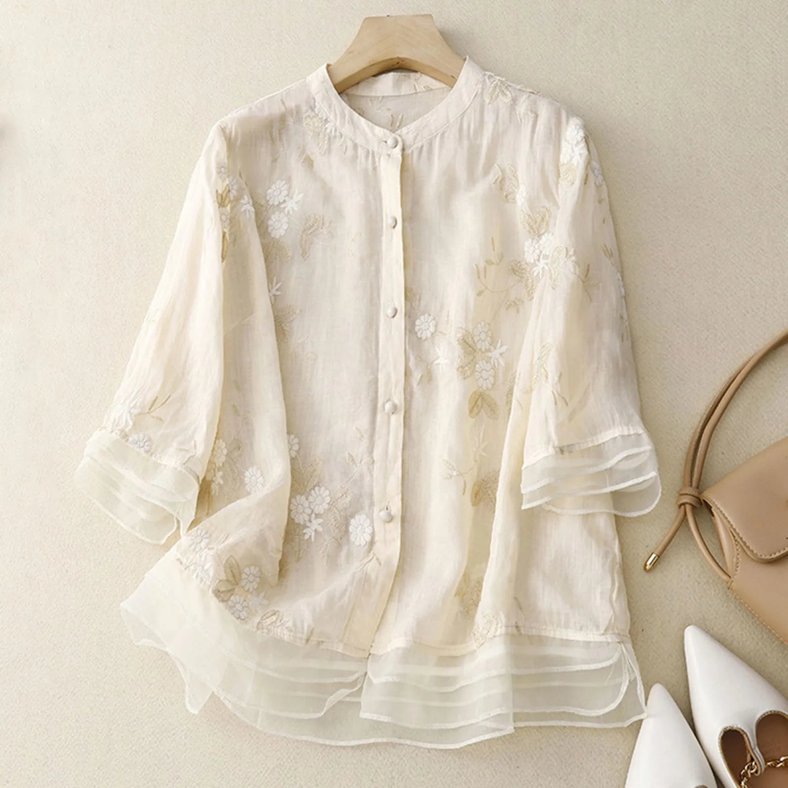 Hedda - Bomuldsbluse med Broderet Tyl