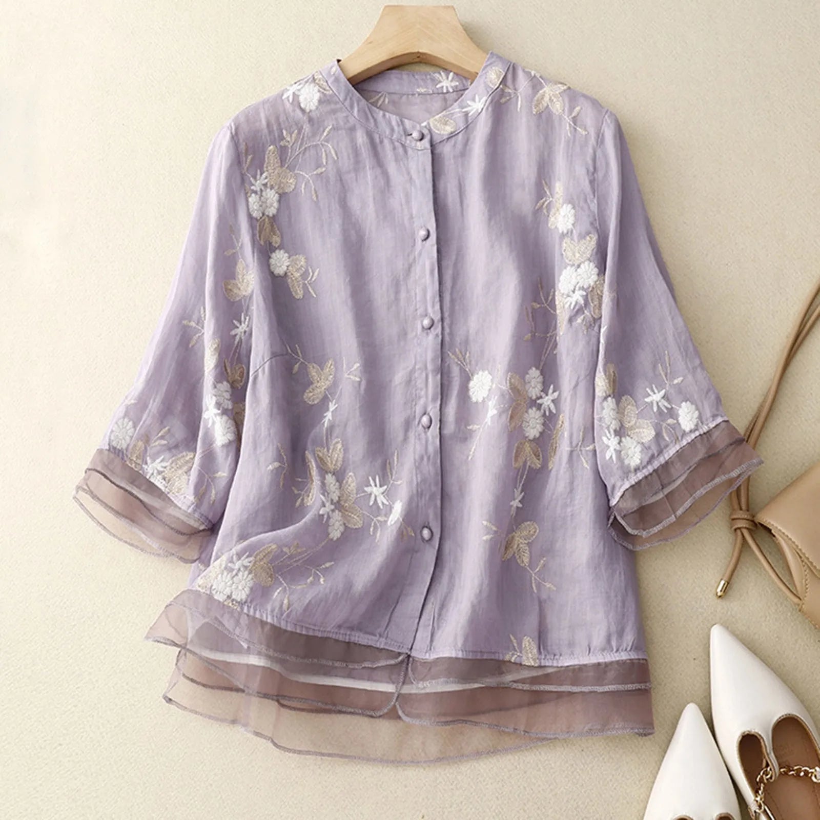 Hedda - Bomuldsbluse med Broderet Tyl