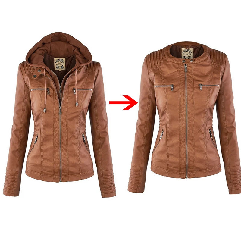 Jessie - Blouson en Cuir à Capuche Amovible
