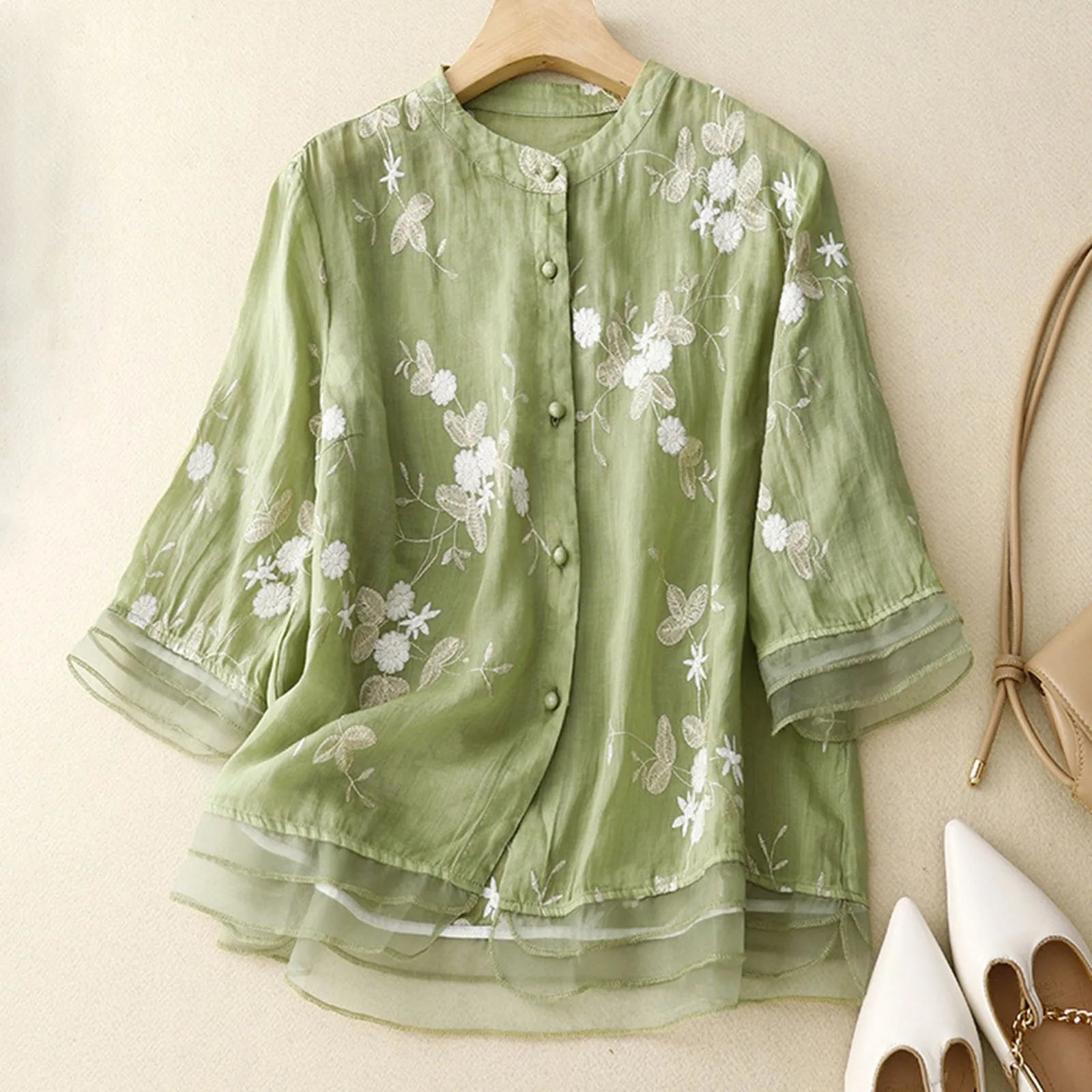 Hedda - Bomuldsbluse med Broderet Tyl