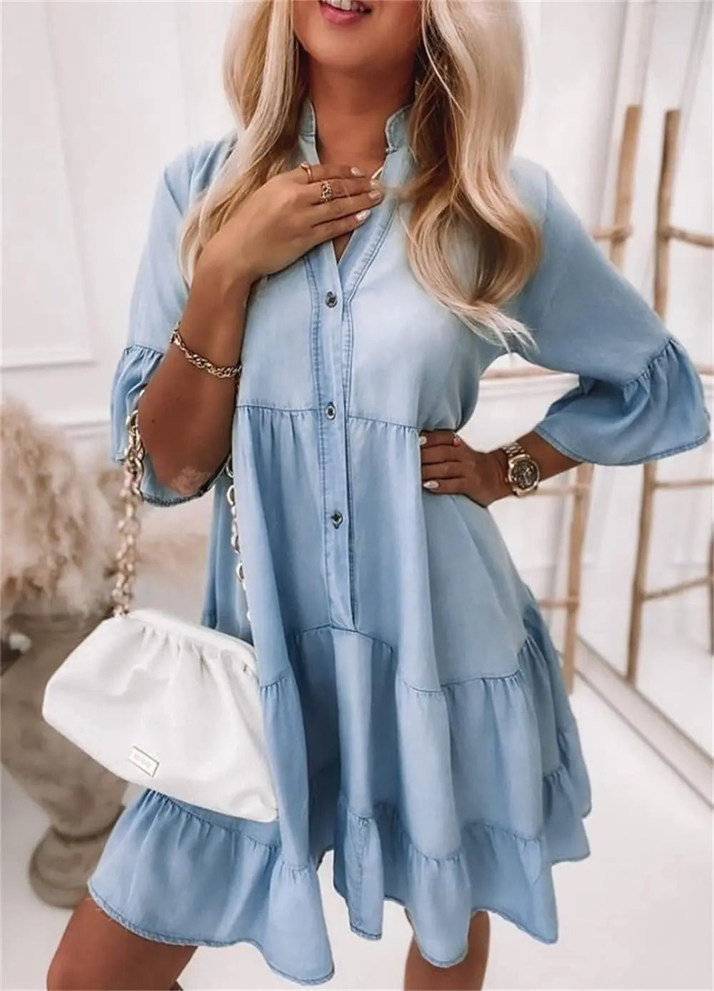Marta - Robe Boutonnée en Denim à Volants