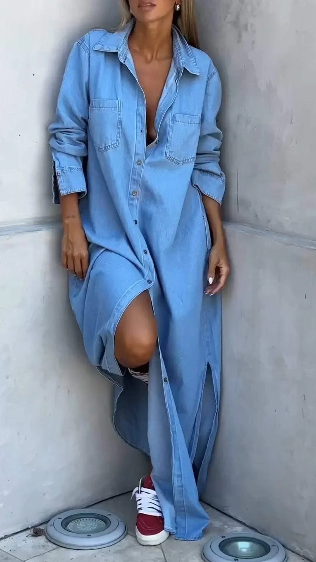 Shanon - Lang Denim Skjortekjole med Knapper